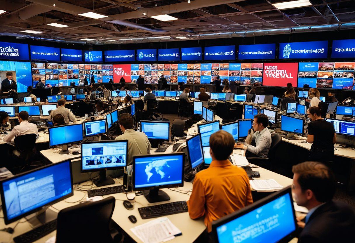 A dynamic newsroom scene featuring diverse journalists passionately engaged in reporting, with headlines and digital screens displaying breaking news articles in the background. Include a sense of urgency and insight, with coffee cups scattered around and notes filled with ideas. Incorporate various media such as newspapers, laptops, and a globe to represent global news coverage. super-realistic. vibrant colors. bustling atmosphere.