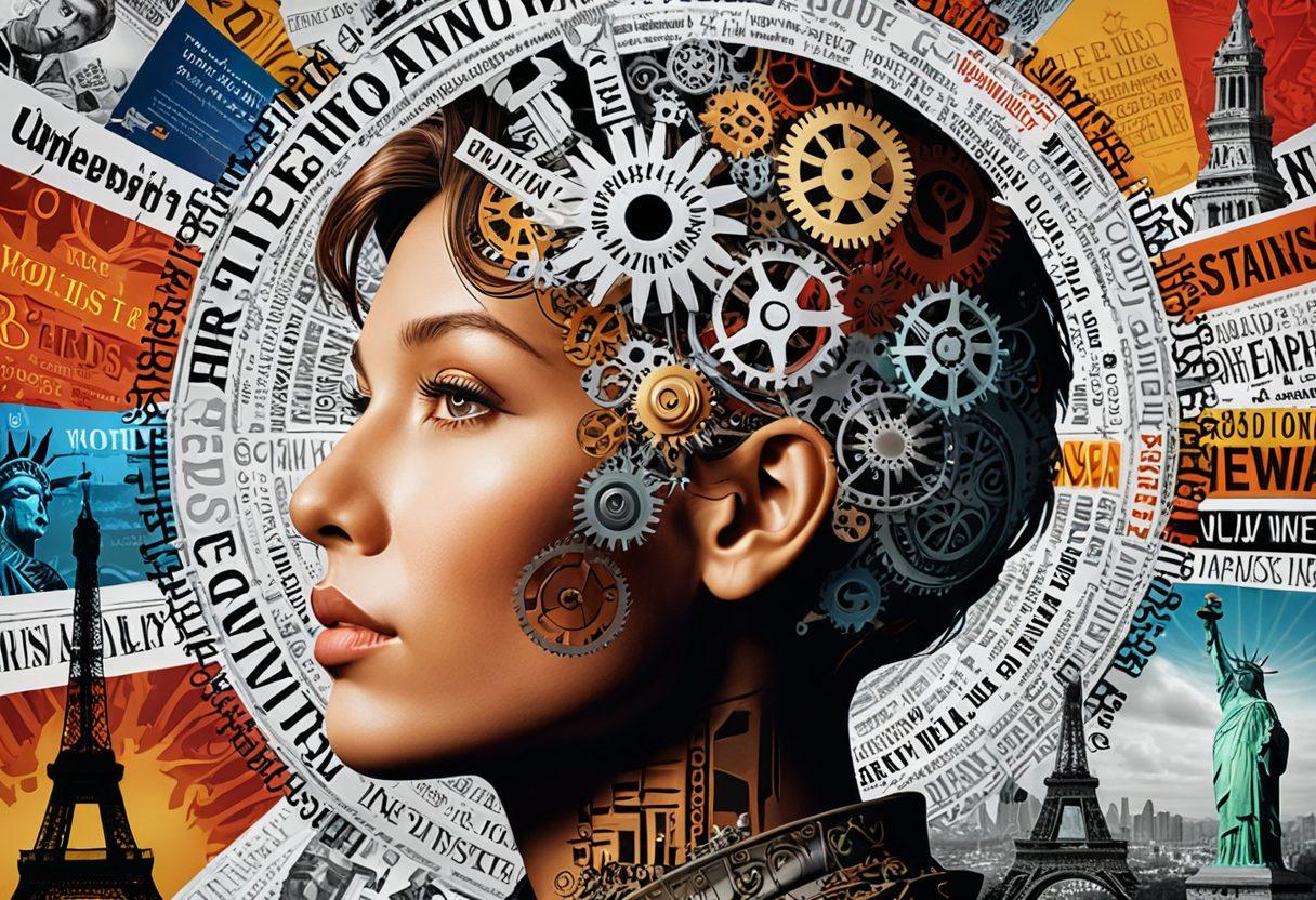 A dynamic collage of today's diverse news headlines swirling around a globe, with a pair of thoughtful eyes in the foreground reflecting the headlines. The backdrop should showcase iconic landmarks symbolizing various cultures and societies, suggesting a global perspective. Incorporate elements like gears or a light bulb to symbolize insight and understanding emerging from the chaos of information. vibrant colors. super-realistic.