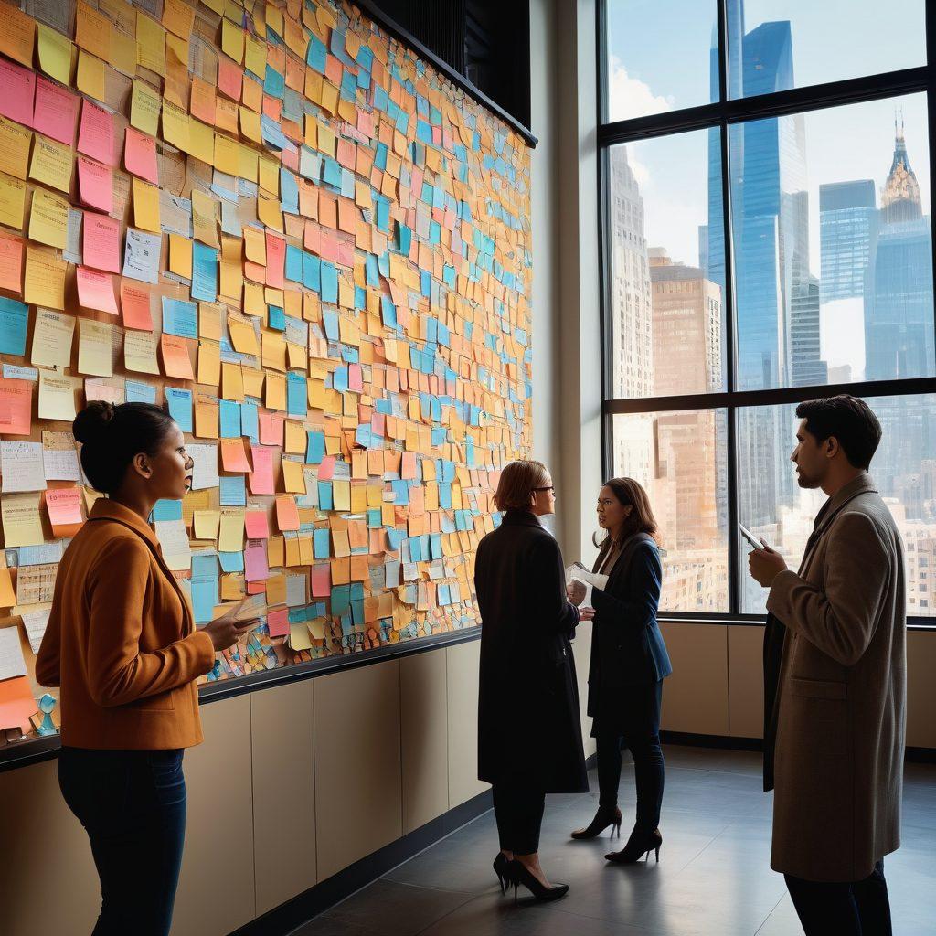 A large, modern bulletin board filled with sticky notes and newspaper clippings featuring breaking news headlines and analysis. In the foreground, a diverse group of people intently discussing and pointing at the board, showcasing a blend of urgency and curiosity. Behind them, a futuristic city skyline visible through large windows, symbolizing progress and the flow of information. warm lighting, vibrant colors, and expressive facial expressions bring energy to the scene. super-realistic. dynamic composition.